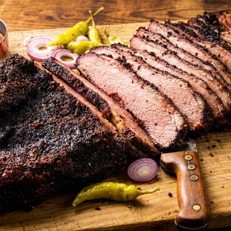 Sliced smoked brisket with a dark crust, served with sauce, pickled peppers, and red onion.