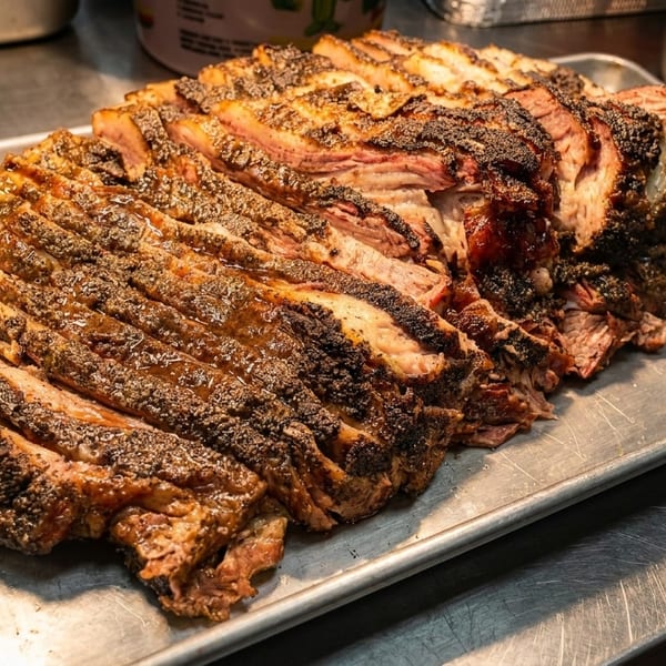Slices of smoked brisket with a dark, seasoned crust on a metal tray.