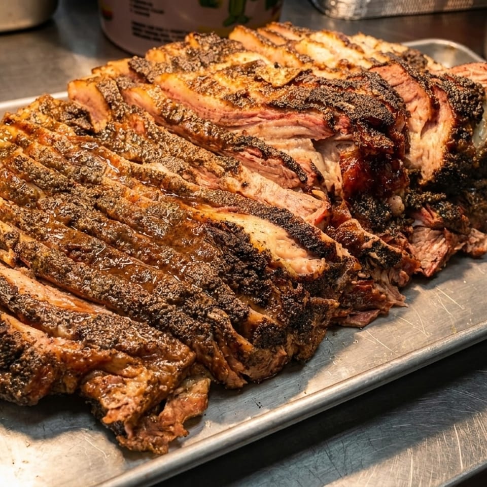 Slices of smoked brisket with a dark, seasoned crust on a metal tray.