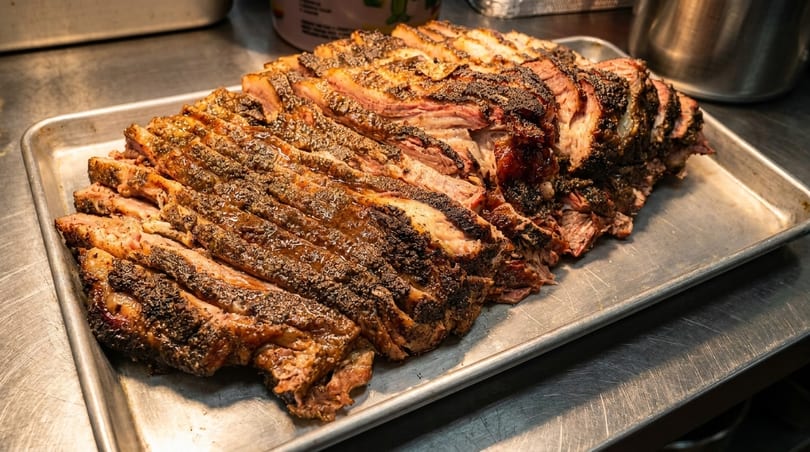 Slices of smoked brisket with a dark, seasoned crust on a metal tray.