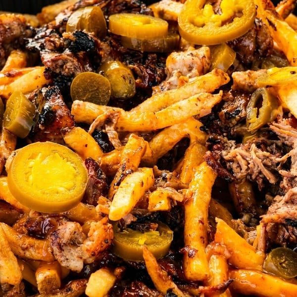 Close-up of loaded fries with pulled pork, barbecue sauce, and sliced jalapeños in a black container.
