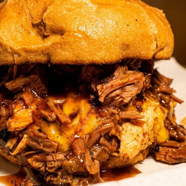 Close-up of a large pulled pork sandwich with melted cheese and barbecue sauce on a bun.