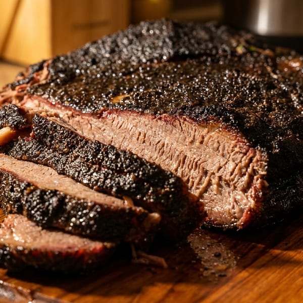 Close-up of a sliced smoked beef brisket with a dark, peppery crust on a wooden cutting board.