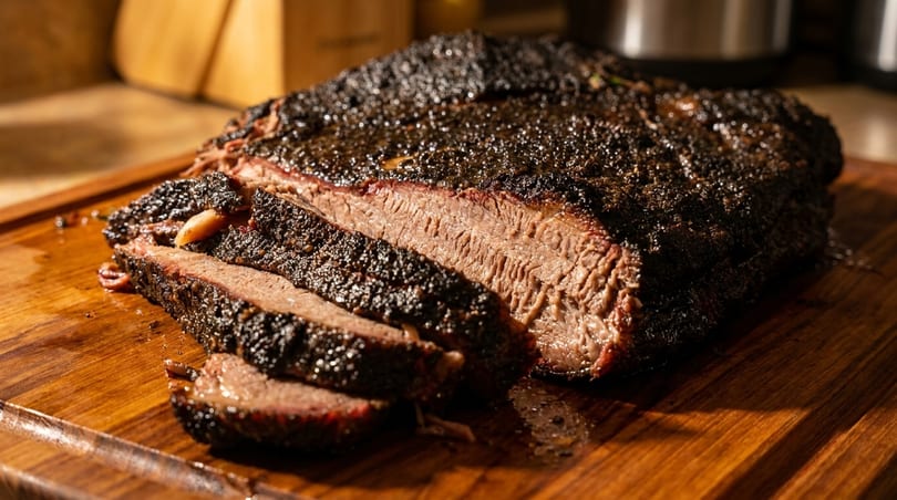 Close-up of a sliced smoked beef brisket with a dark, peppery crust on a wooden cutting board.