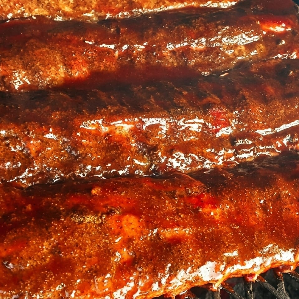 Four racks of ribs covered in a thick, glistening barbecue sauce on a grill.