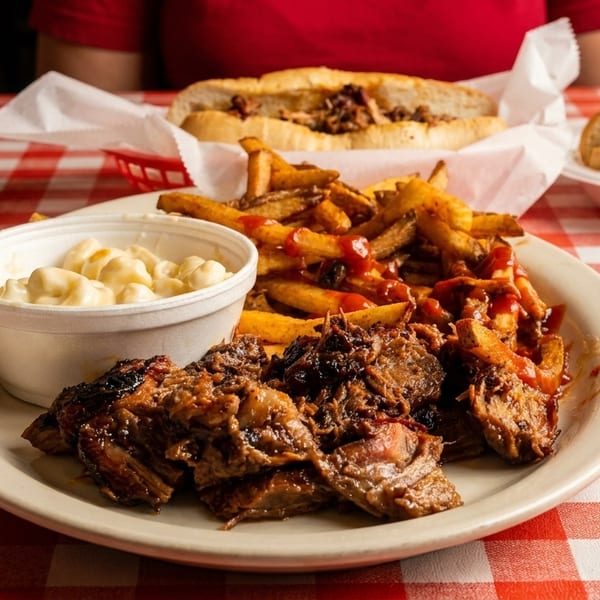 Barbecue plate with brisket, fries, mac and cheese, and two pulled pork sandwiches on a red checkered tablecloth.