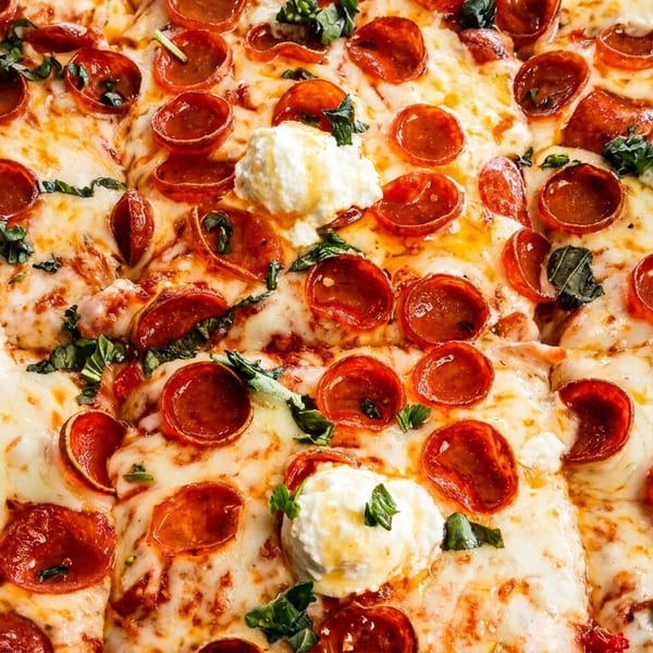 Close-up of a pepperoni pizza with dollops of ricotta cheese and fresh basil.