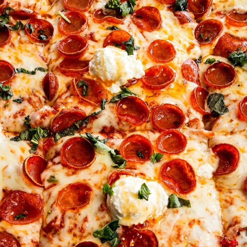Close-up of a pepperoni pizza with dollops of ricotta cheese and fresh basil.